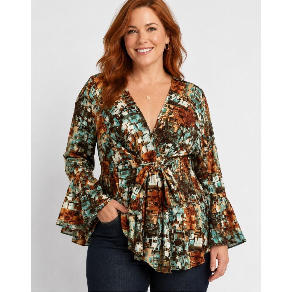 Betsey Johnson Abstract Art Wrap Top Womens Large Tie Front Flare Bell Sleeve